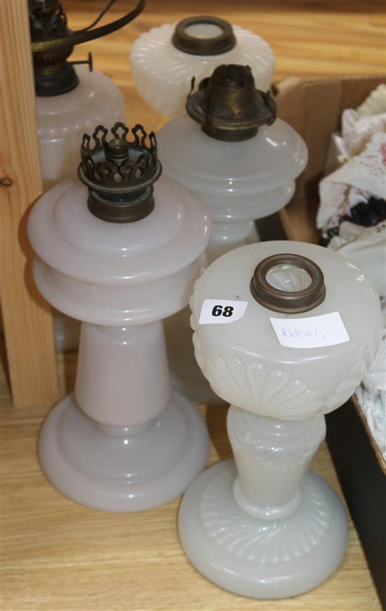 Five white glass oil lamp bases